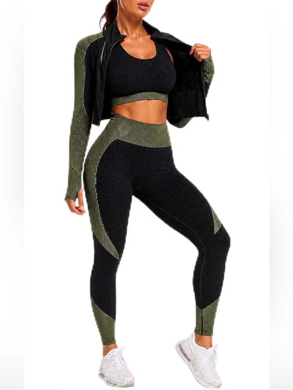 3 Piece Seamless High-Wiasted leggings with jacket and sports bra olive green